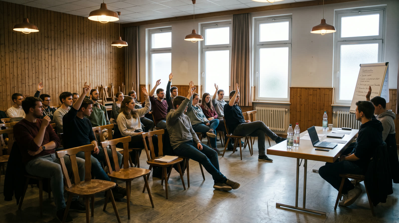 Junge Menschen sitzen in einem Saal mit Holzvertäfelung auf Stühlen und heben zur Abstimmung die Hand, vorne ein Vorstandstisch mit Flipchart.