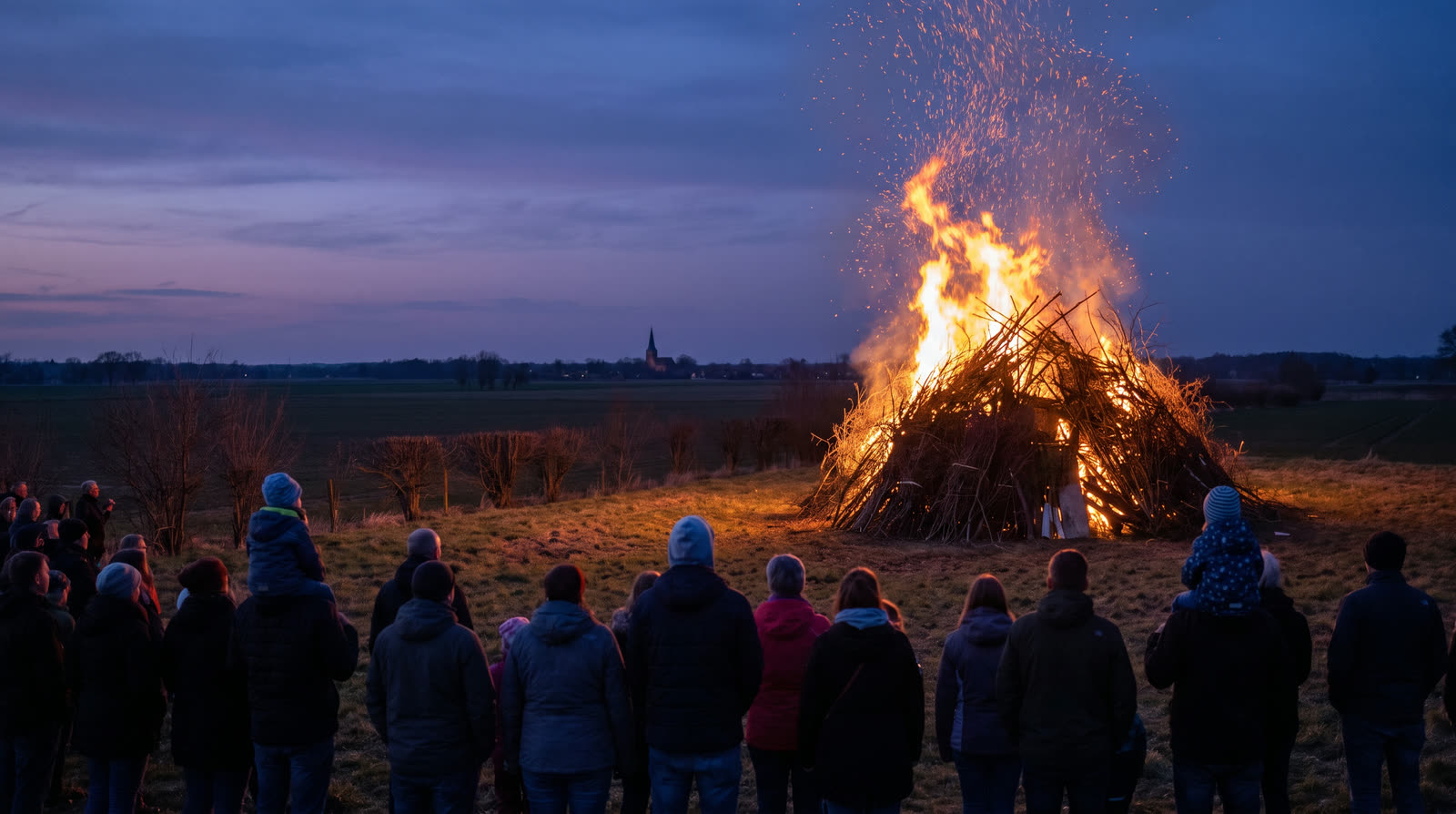 Großes Osterfeuer aus gebündeltem Astwerk brennt in der Abenddämmerung auf einem Feld, davor stehen Besucherinnen und Besucher als Silhouetten.